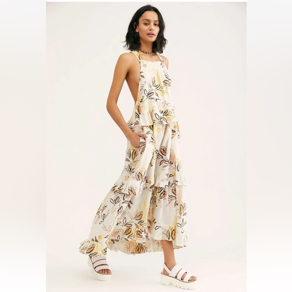 Free People Dresses & Skirts - Free People Yellow Leaf Watercolor Cotton Gauze Anita Tiered Maxi Halter Size S